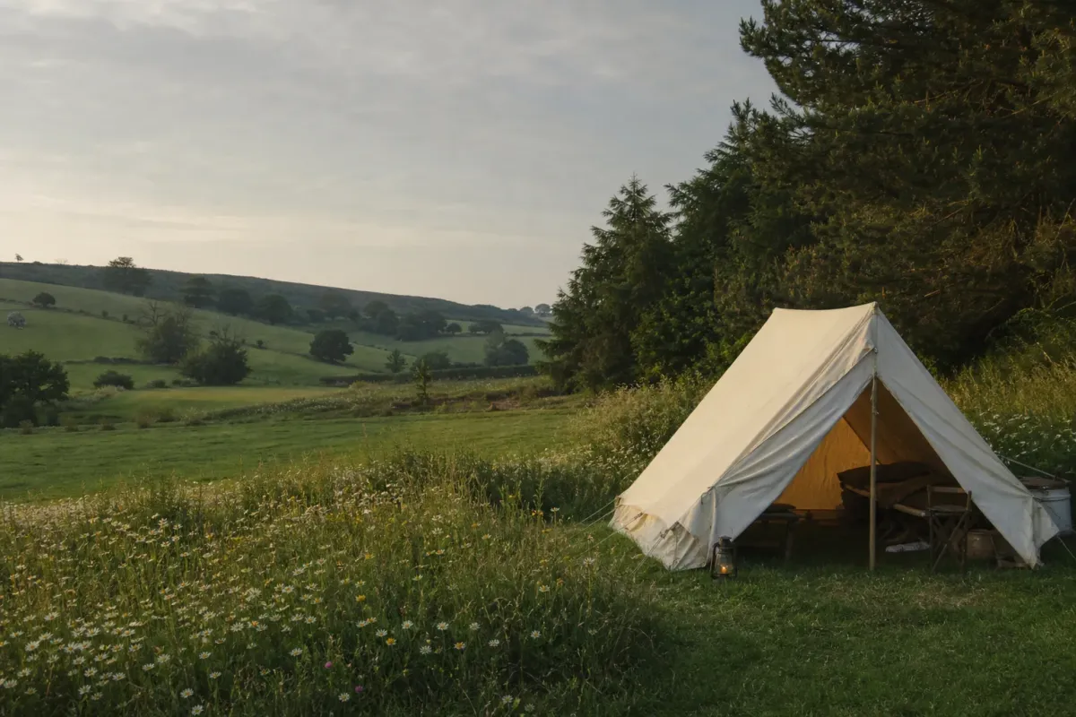 Tent pitch in a green meadow