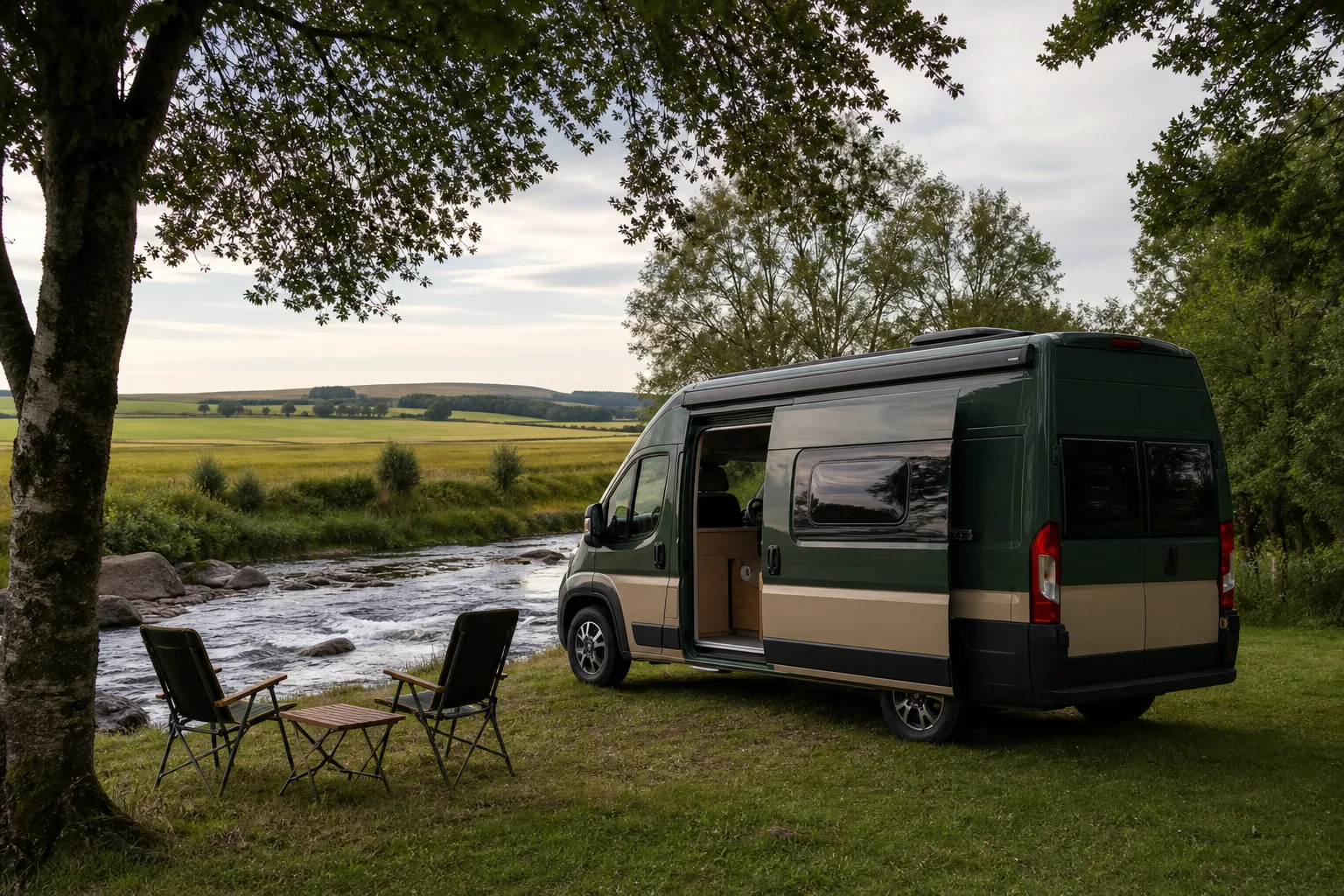 Campervan near riverside countryside