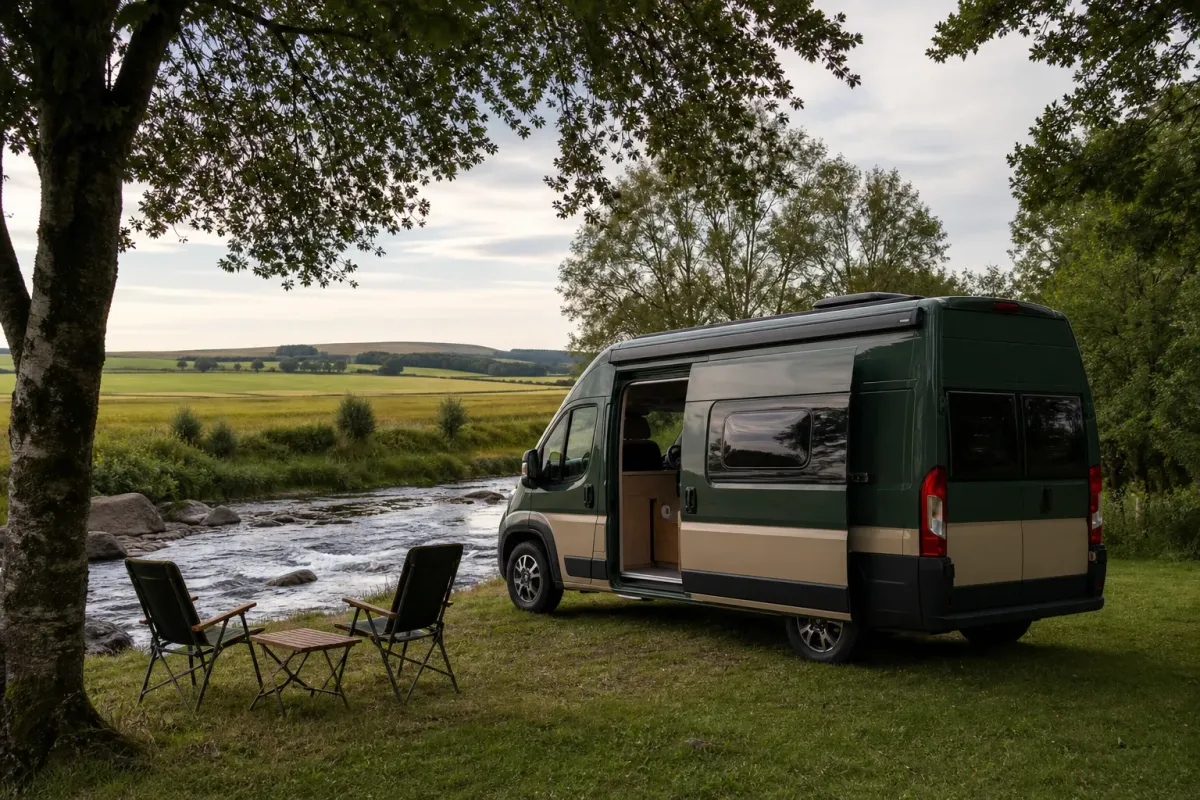 Campervan near riverside countryside